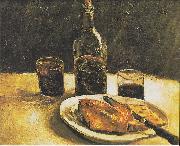 Still life with bottle, two glasses, cheese and bread Vincent Van Gogh